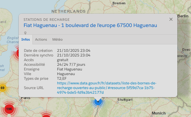 Fiche détaillée d'une station de recharge électrique montrant l'adresse, l'opérateur et l'historique de synchronisation